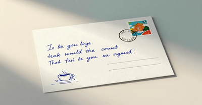 Postcard with a stamp, a coffee cup doodle, and illegible handwritten text